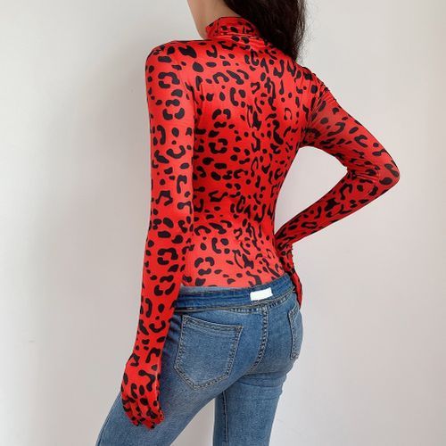 Leopard Print Jumpsuits Crop Tops Long Sleeve Basic Tshirt With Gloves Autumn Winter Turtleneck Slim T Shirts