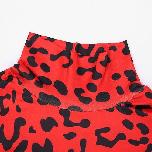 Leopard Print Jumpsuits Crop Tops Long Sleeve Basic Tshirt With Gloves Autumn Winter Turtleneck Slim T Shirts