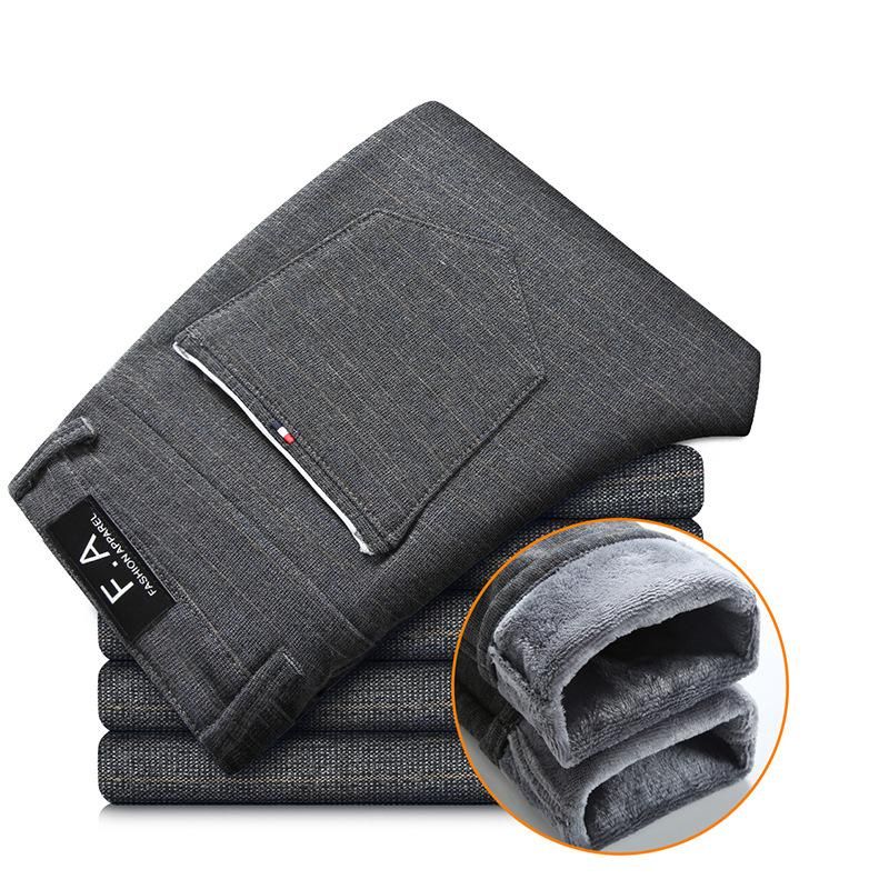 Woolen thick pants for men Casual branded warm smooth business elastic thick plaid cotton cotton for winter