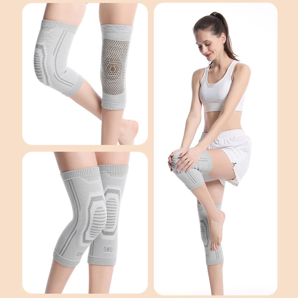 1Pc Wormwood Knee Warmer Cold Weather Women Elderly Self-Heating Knee Pad Light Grey