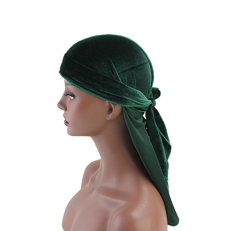 (Black)Unisex Velvet Durag Long Tail And Wide Straps Waves For Men Solid Wide Doo Rag Bonnet C XXA