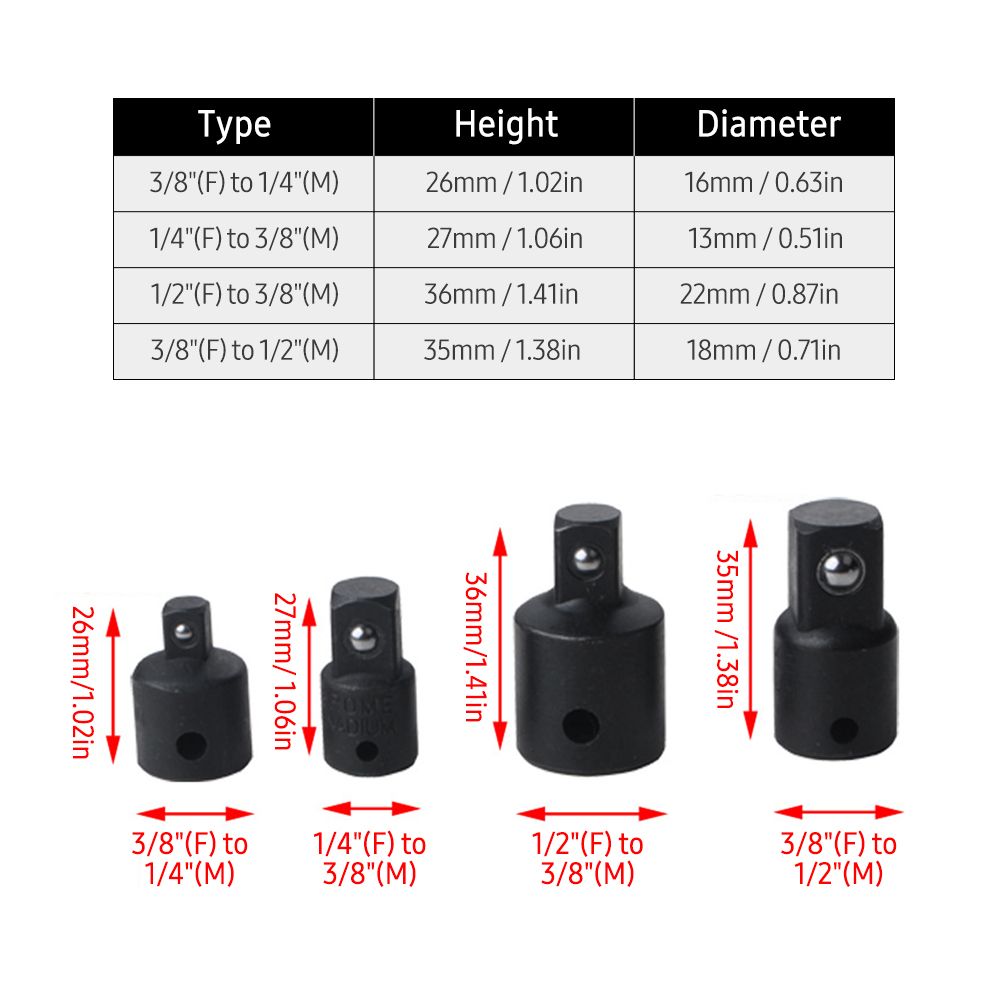4 PCS Impact Socket Adapter Reducer 1/4-Inch 3/8-Inch