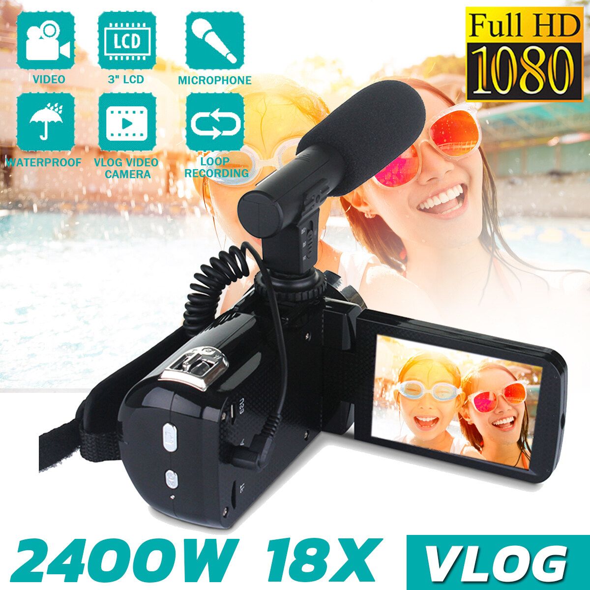2400 Megapixels Vlog Camcorder Camera Full HD 1080p Video Camera 16X Digital Zoom External Microphone And Lens Full Set