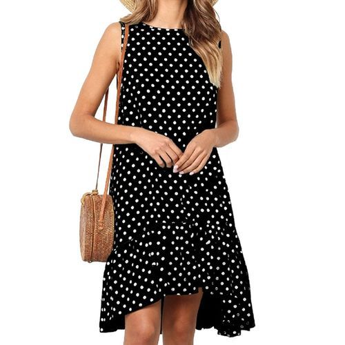 Printing Flounced Dot Pattern Dress - Black