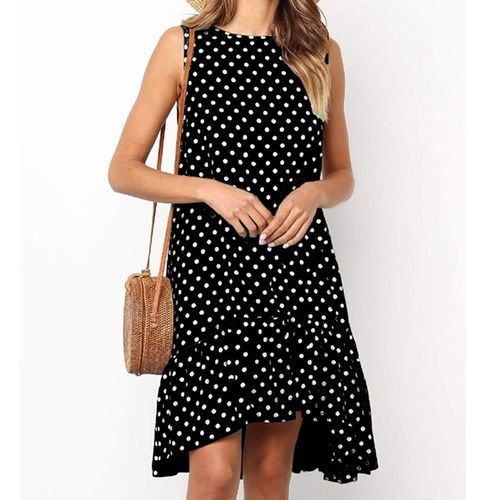 Printing Flounced Dot Pattern Dress - Black