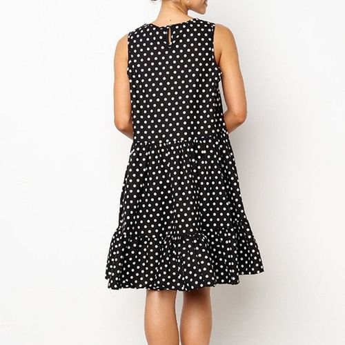 Printing Flounced Dot Pattern Dress - Black
