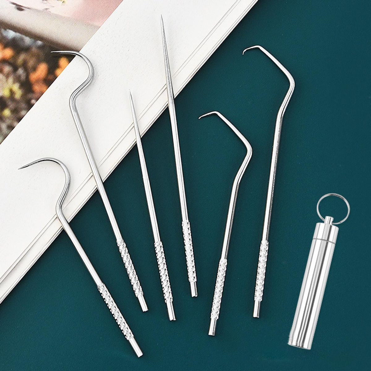 304 stainless steel toothpick set dental floss metal teeth picking portable storage tube oral dental care cleaning tools toothpick set of seven