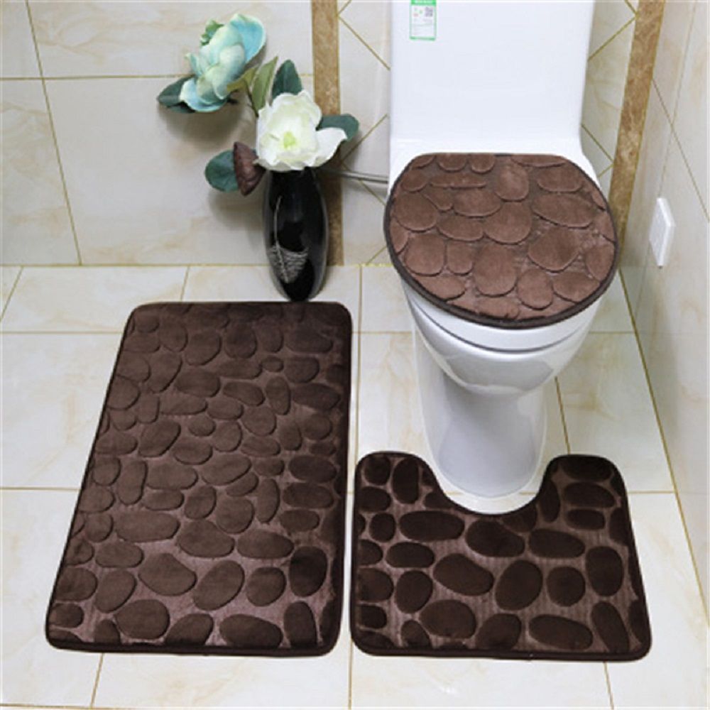 Home Bathroom/Toilet Non-slip Bath Mat 3-in-1 Set Flannel