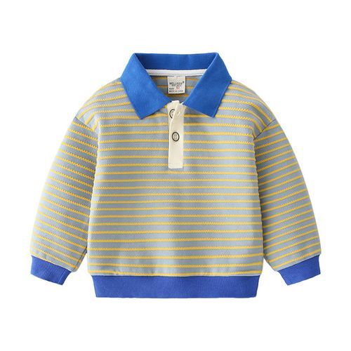 95% Cotton Kids Long Sleeve Stripe Boys Polo Shirt-Blue