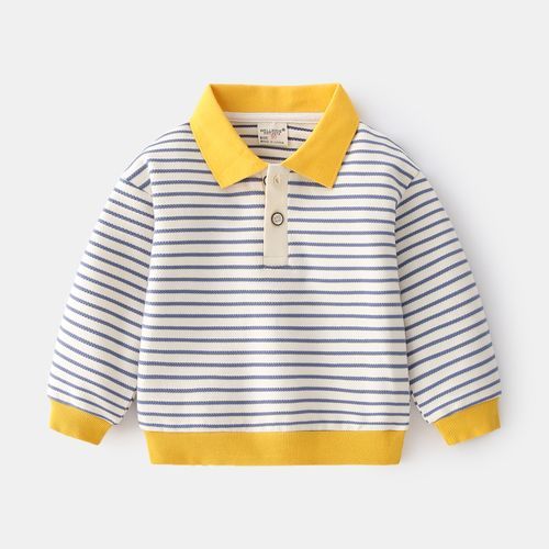 95% Cotton Kids Long Sleeve Stripe Boys Polo Shirt-Blue