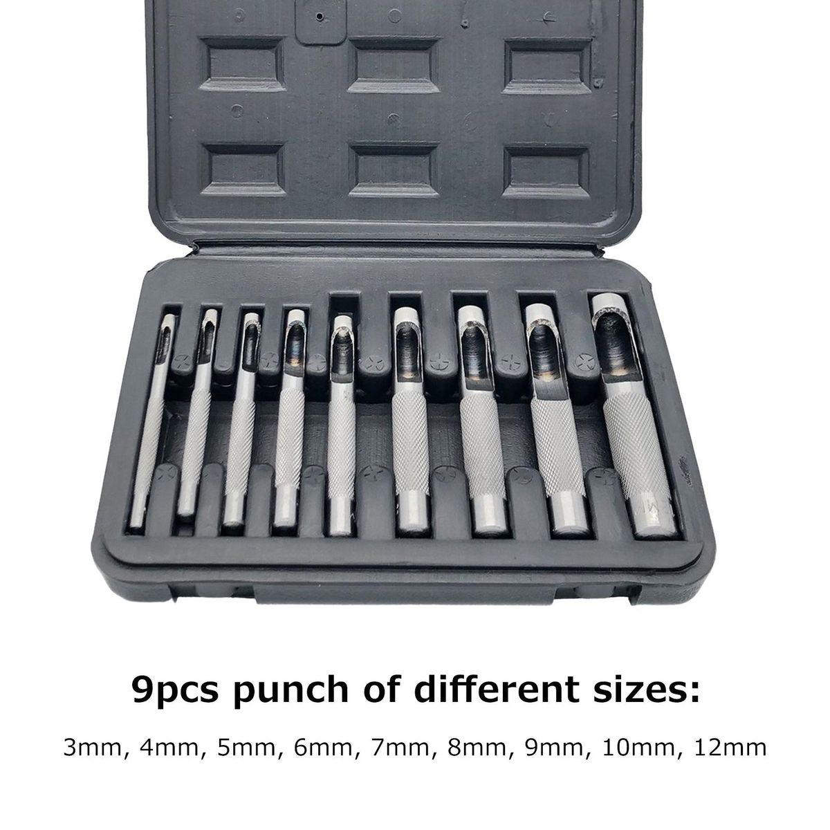 9pcs Leather Hollow Punch Set Leather Hole Punch Tool 3-12mm DIY Leathercraft Tool with Toolbox for Leather Belt Bag