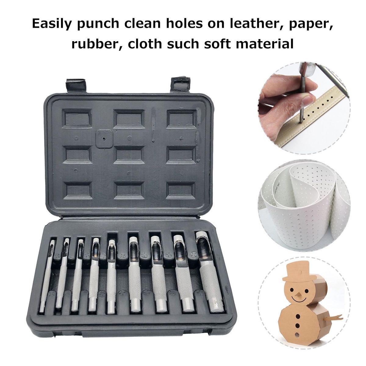 9pcs Leather Hollow Punch Set Leather Hole Punch Tool 3-12mm DIY Leathercraft Tool with Toolbox for Leather Belt Bag
