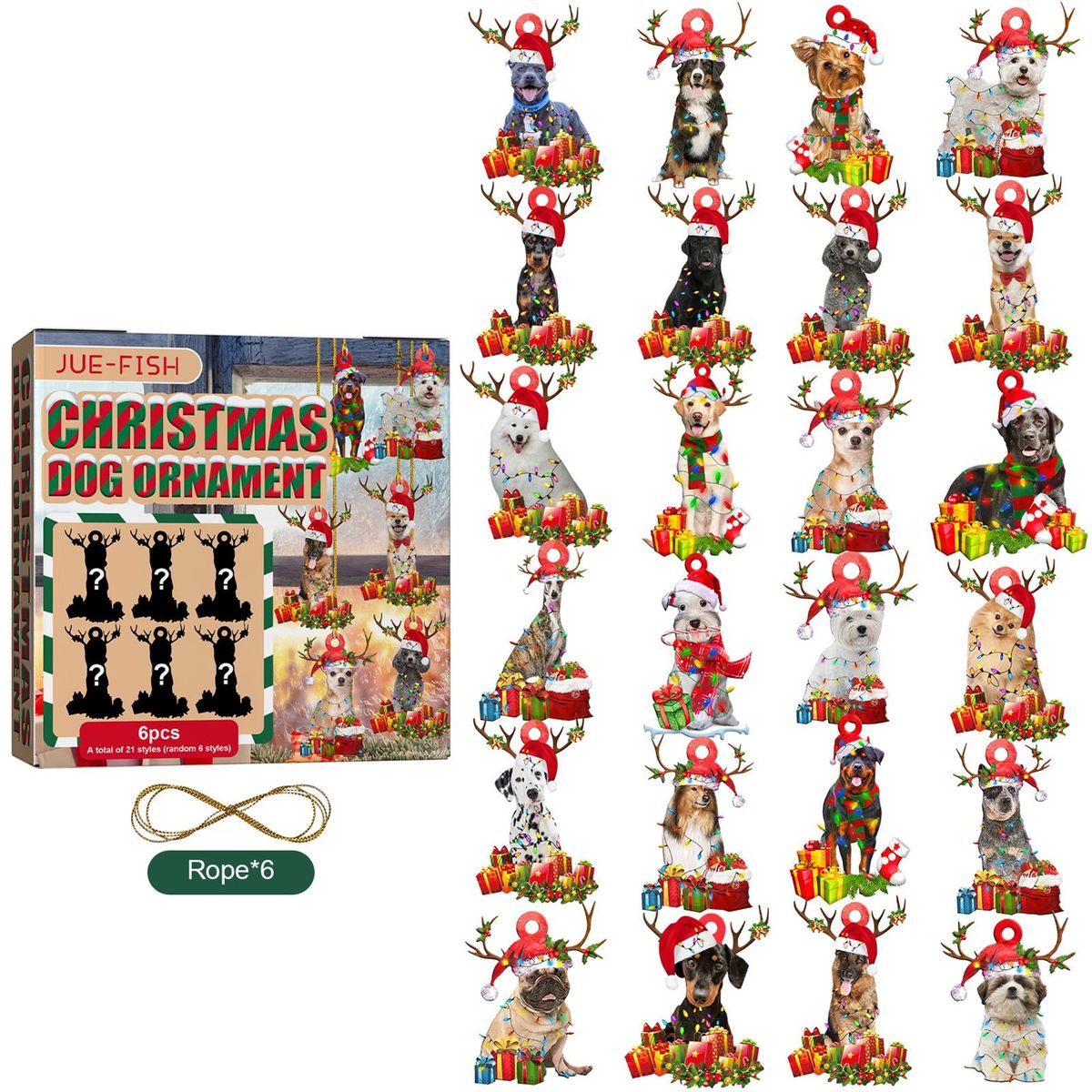 JUE-FISH 6Pcs/box Cute Christmas Dog Ornaments Christmas Tree Hanging Decoration DIY Wood Craft Christmas Pendant Kids Gift