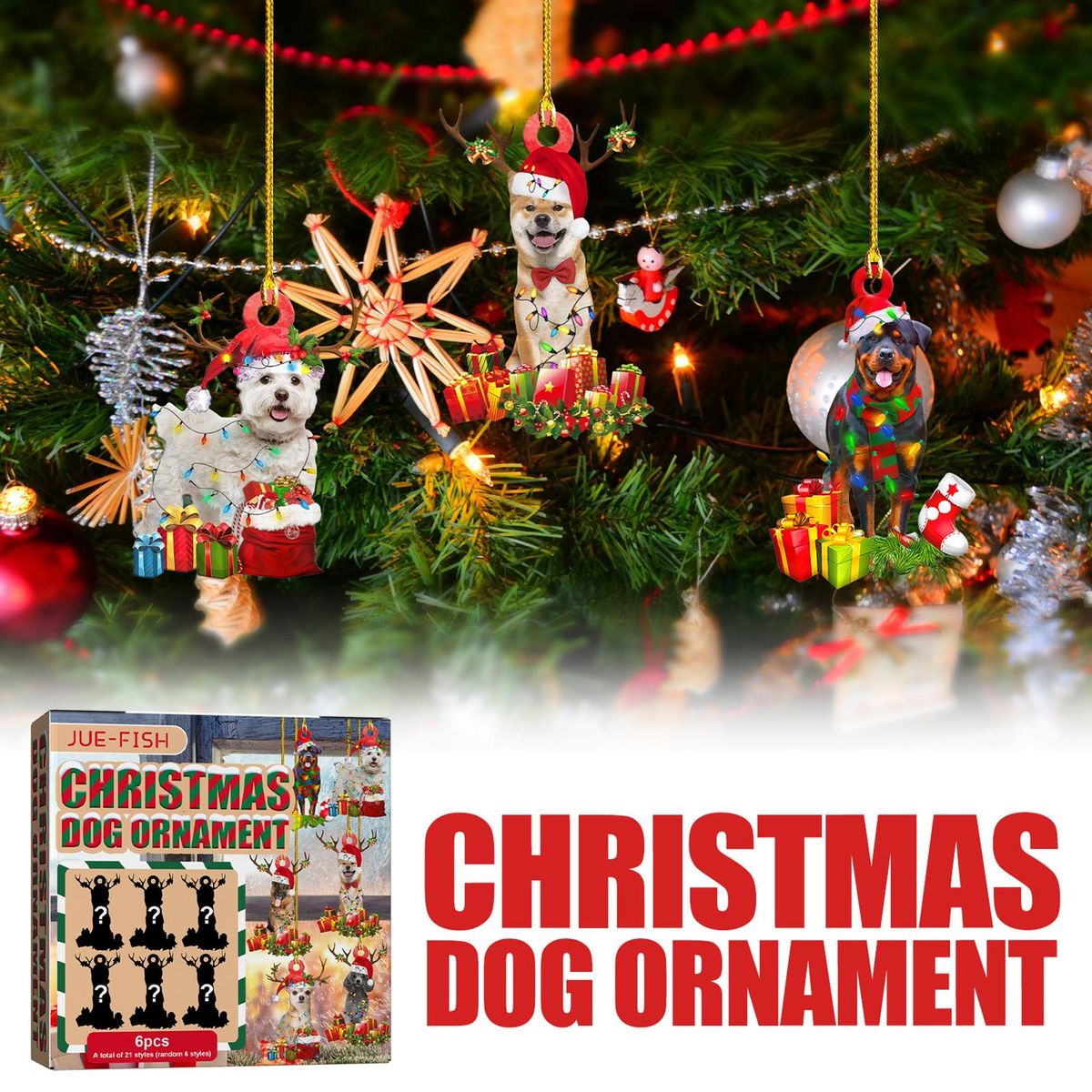 JUE-FISH 6Pcs/box Cute Christmas Dog Ornaments Christmas Tree Hanging Decoration DIY Wood Craft Christmas Pendant Kids Gift