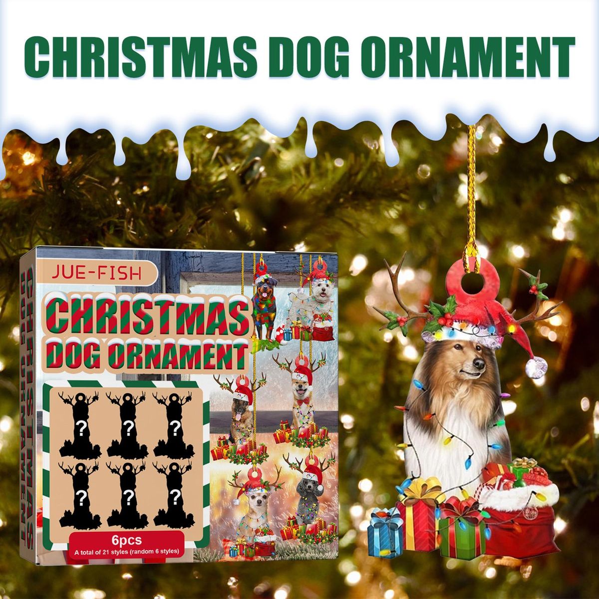 JUE-FISH 6Pcs/box Cute Christmas Dog Ornaments Christmas Tree Hanging Decoration DIY Wood Craft Christmas Pendant Kids Gift