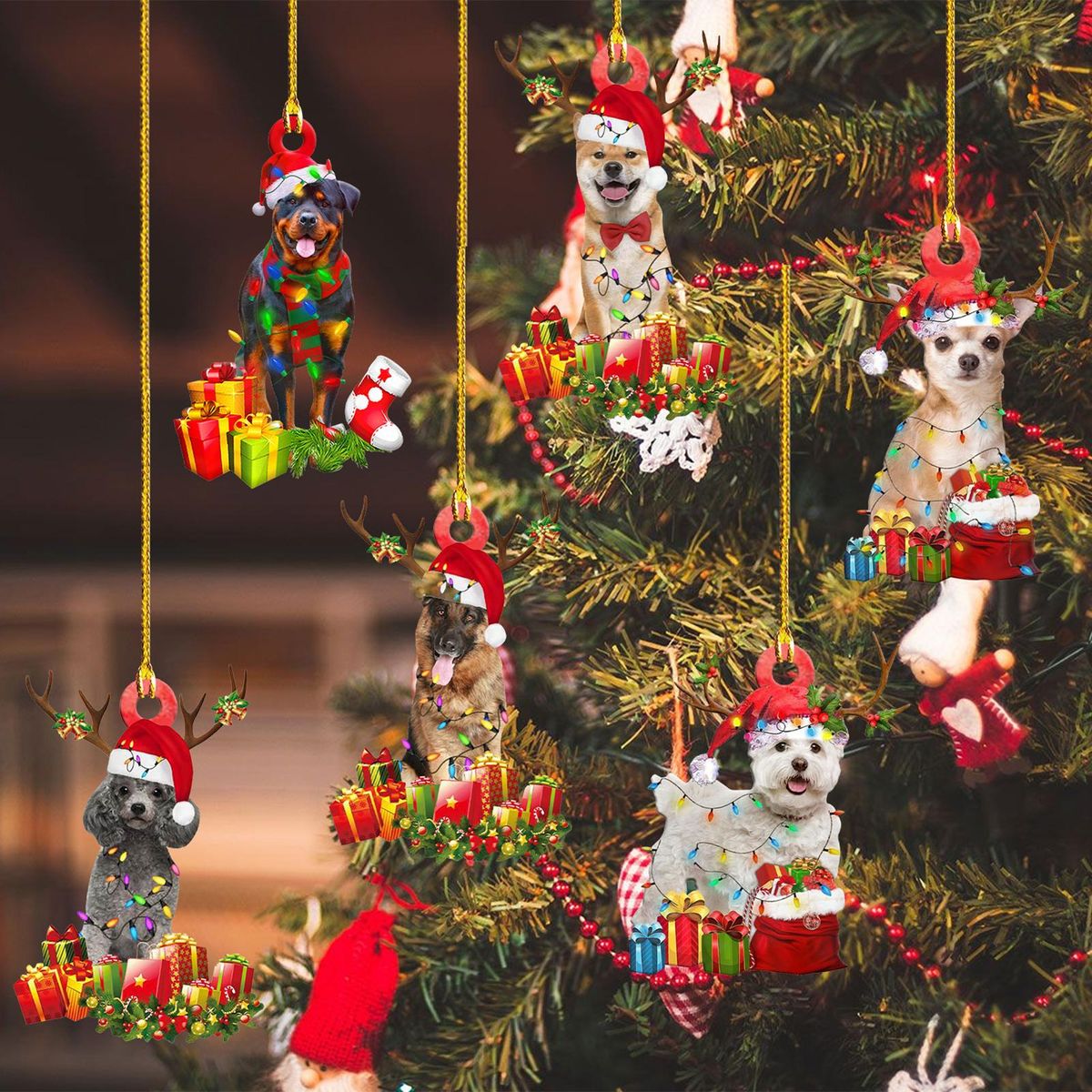 JUE-FISH 6Pcs/box Cute Christmas Dog Ornaments Christmas Tree Hanging Decoration DIY Wood Craft Christmas Pendant Kids Gift