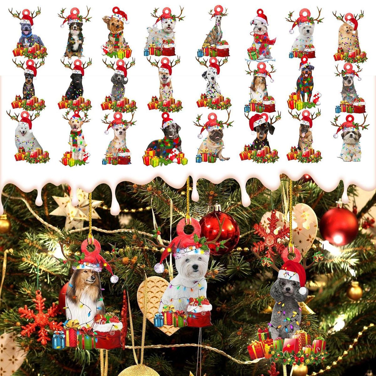 JUE-FISH 6Pcs/box Cute Christmas Dog Ornaments Christmas Tree Hanging Decoration DIY Wood Craft Christmas Pendant Kids Gift