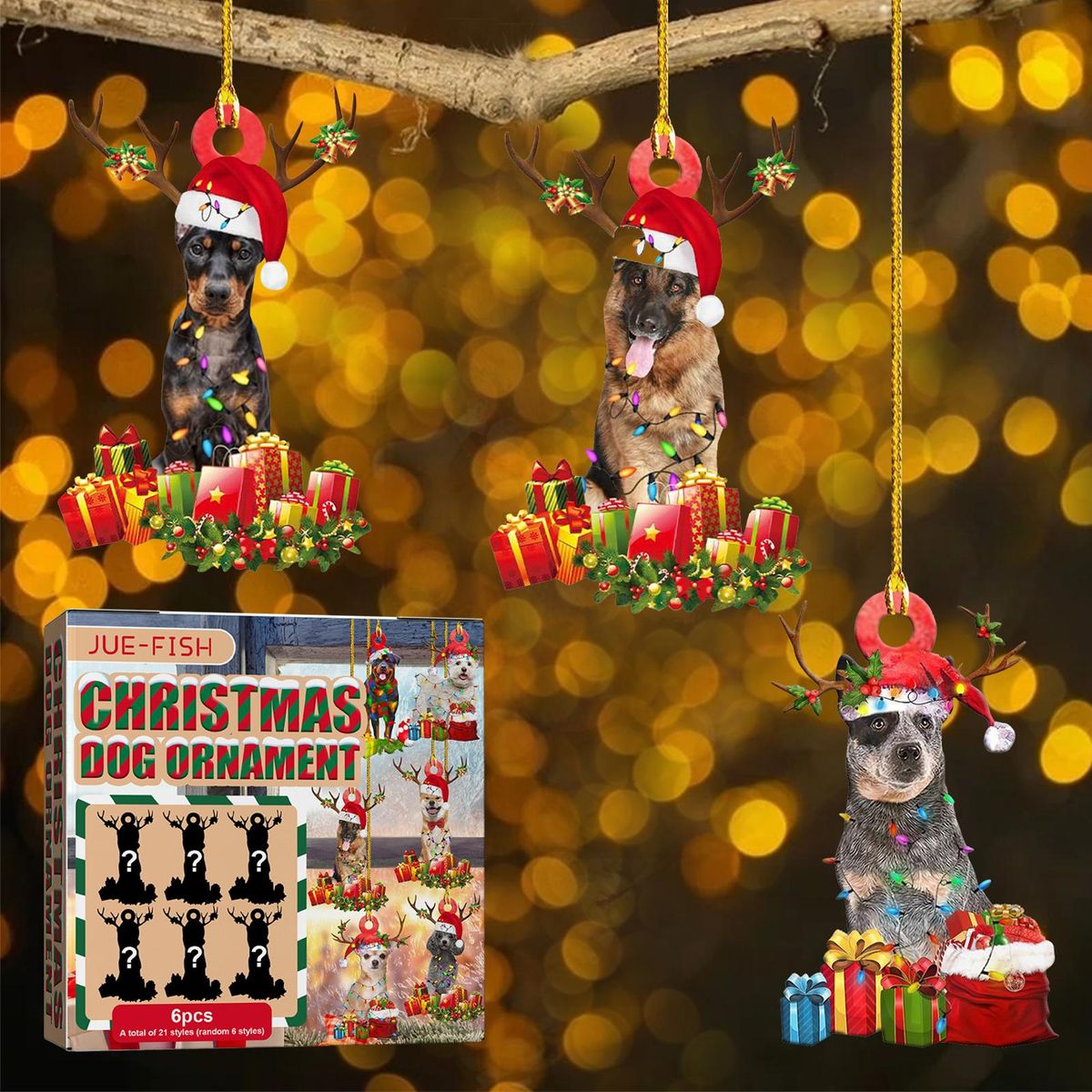 JUE-FISH 6Pcs/box Cute Christmas Dog Ornaments Christmas Tree Hanging Decoration DIY Wood Craft Christmas Pendant Kids Gift
