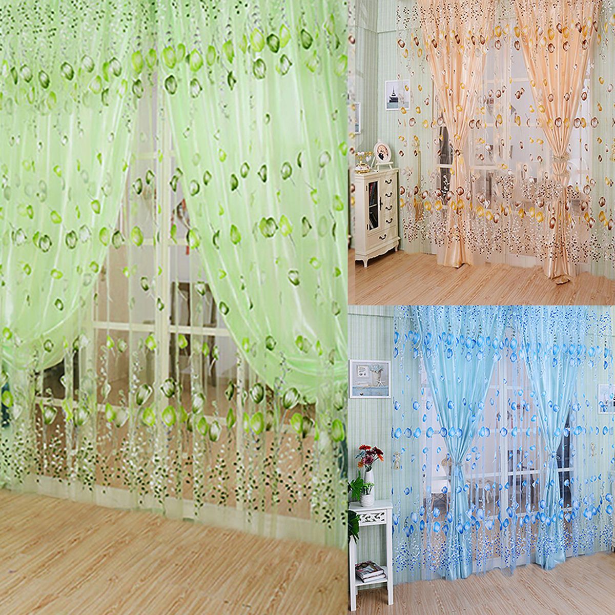 Floral Tulle Voile Door Window Curtain Blue Only 1 Curtain