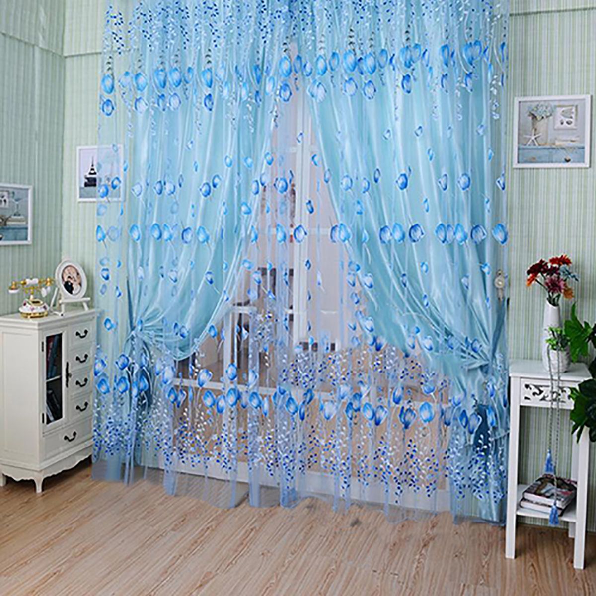 Floral Tulle Voile Door Window Curtain Blue Only 1 Curtain