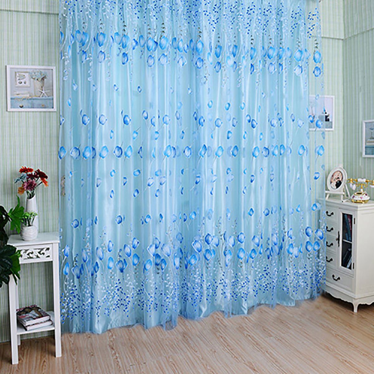 Floral Tulle Voile Door Window Curtain Blue Only 1 Curtain