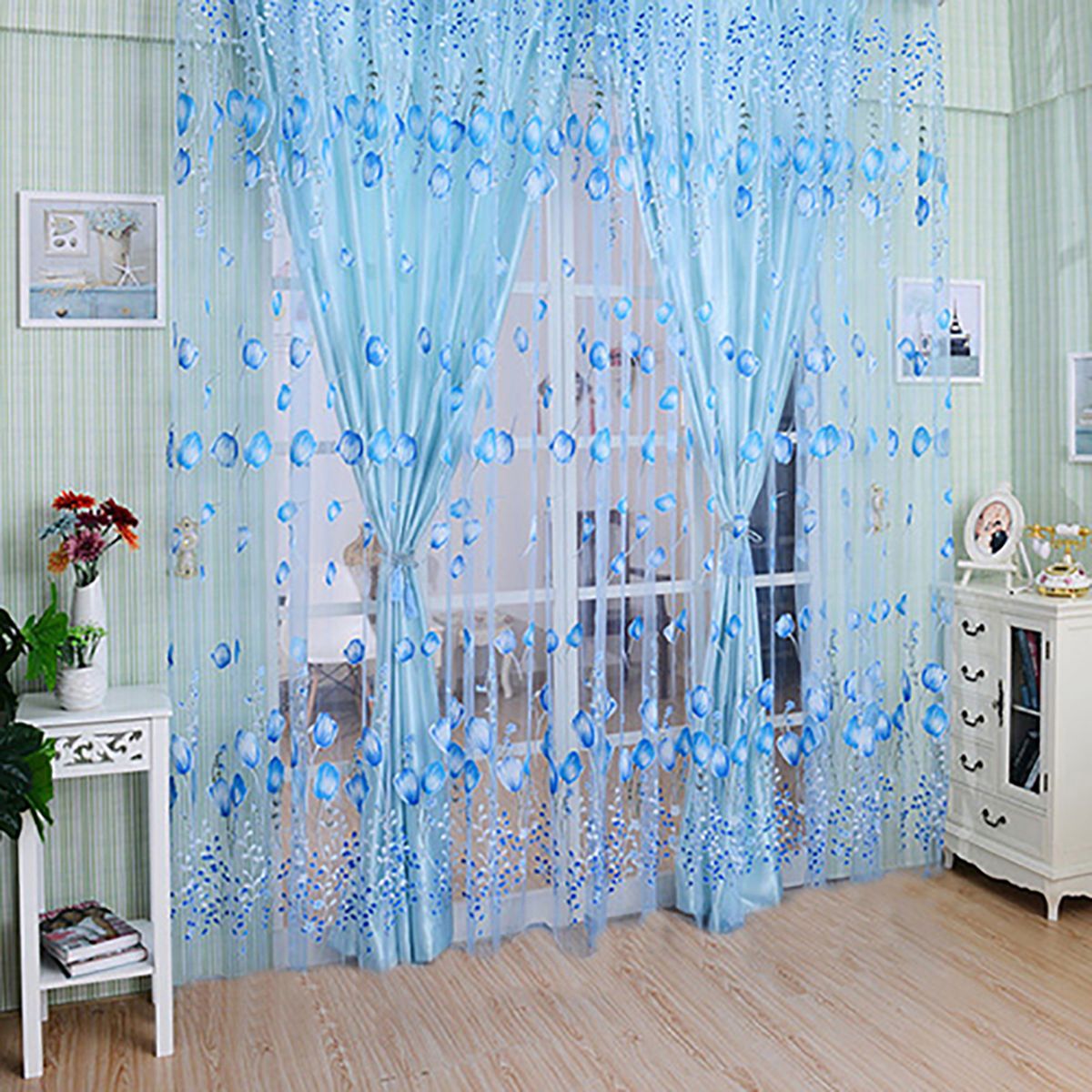 Floral Tulle Voile Door Window Curtain Blue Only 1 Curtain