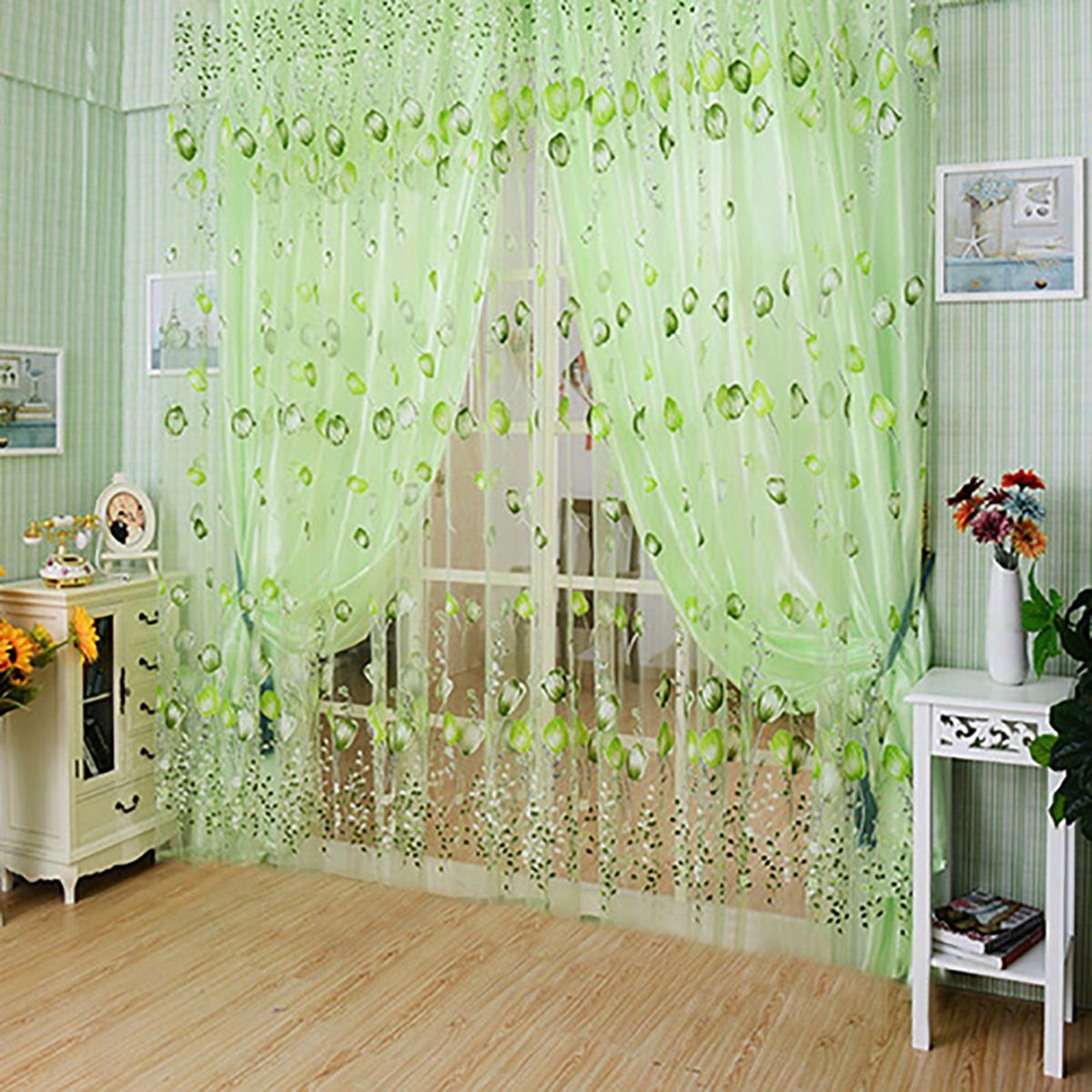 Floral Tulle Voile Door Window Curtain Blue Only 1 Curtain