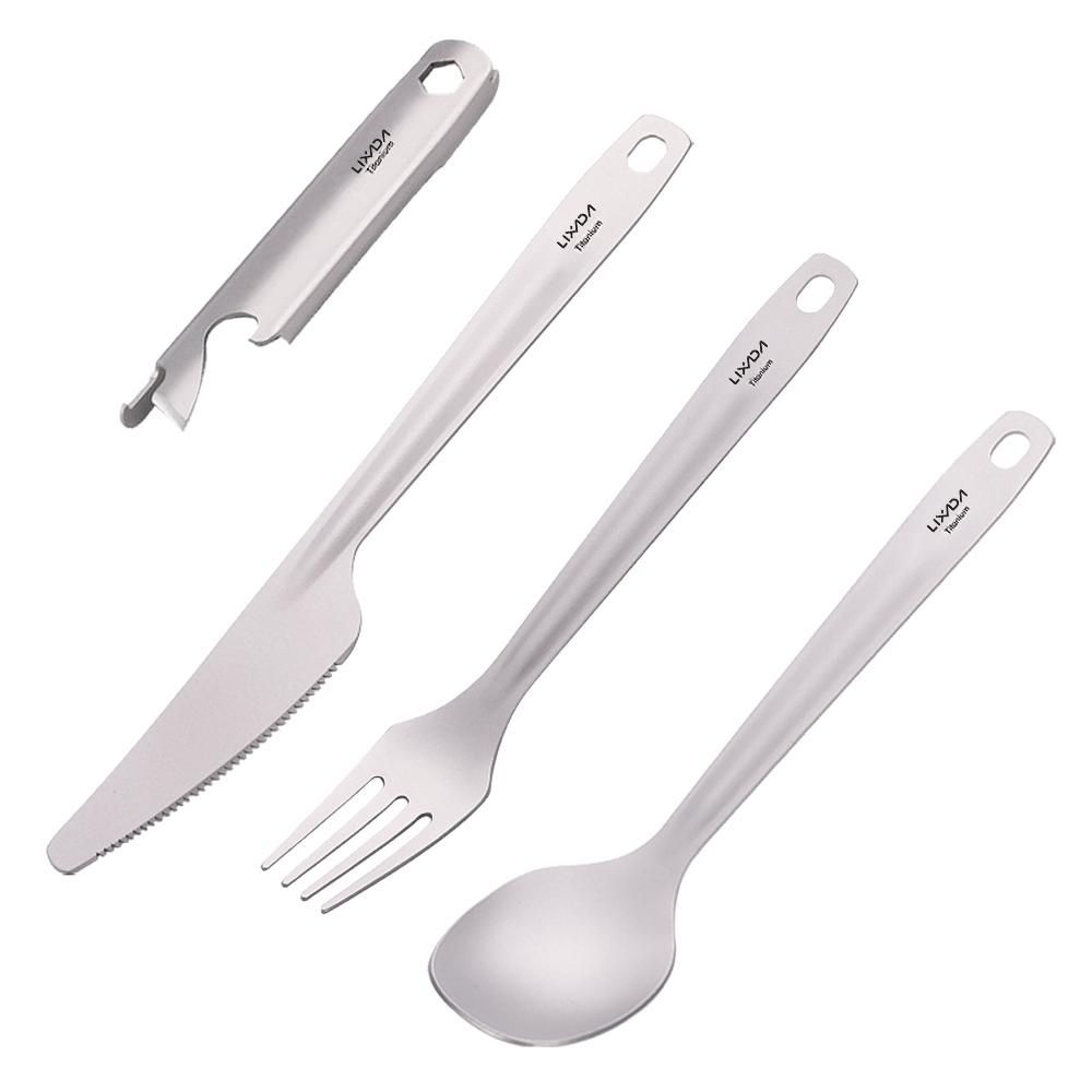 Lixada 4-in-1 Titanium Flatware Cutlery Set Lightweight Dinner Spoon Fork Cutter with Multifunctional Storage Holder Bottle Opener for Camping Hiking Backpacking Picnic