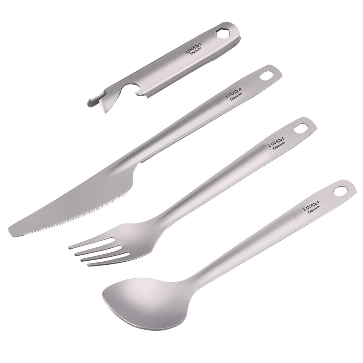 Lixada 4-in-1 Titanium Flatware Cutlery Set Lightweight Dinner Spoon Fork Cutter with Multifunctional Storage Holder Bottle Opener for Camping Hiking Backpacking Picnic