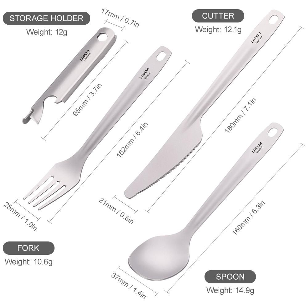 Lixada 4-in-1 Titanium Flatware Cutlery Set Lightweight Dinner Spoon Fork Cutter with Multifunctional Storage Holder Bottle Opener for Camping Hiking Backpacking Picnic