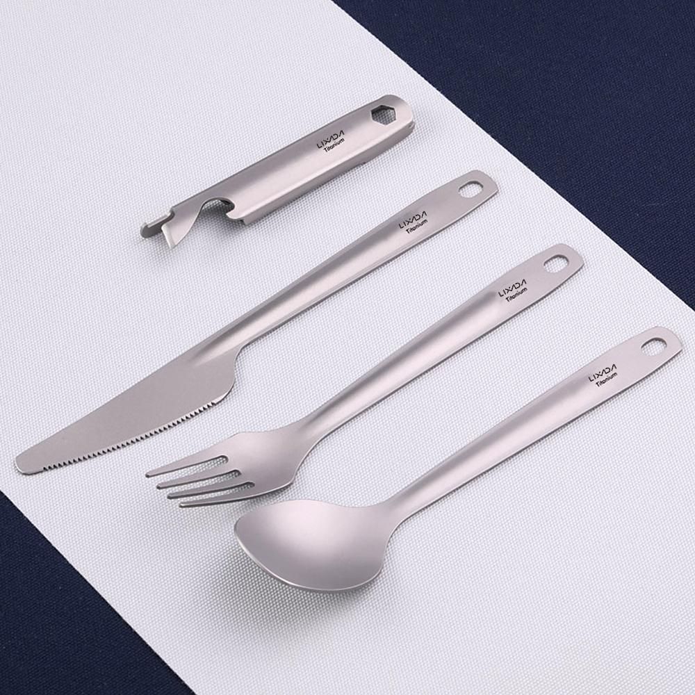 Lixada 4-in-1 Titanium Flatware Cutlery Set Lightweight Dinner Spoon Fork Cutter with Multifunctional Storage Holder Bottle Opener for Camping Hiking Backpacking Picnic
