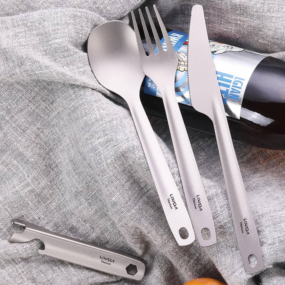 Lixada 4-in-1 Titanium Flatware Cutlery Set Lightweight Dinner Spoon Fork Cutter with Multifunctional Storage Holder Bottle Opener for Camping Hiking Backpacking Picnic