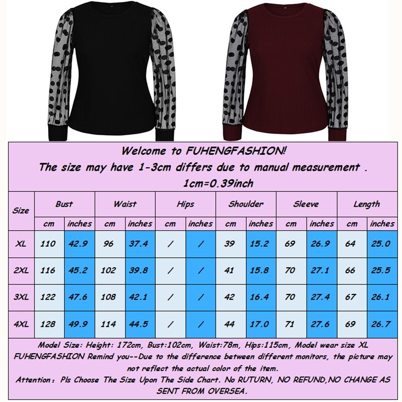 XL-4XL Round Neck Polka Dot Long Sleeve Plus Size Blouse Black 2257