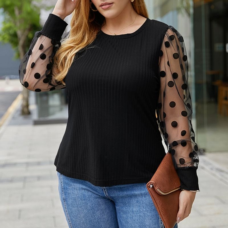 XL-4XL Round Neck Polka Dot Long Sleeve Plus Size Blouse Black 2257