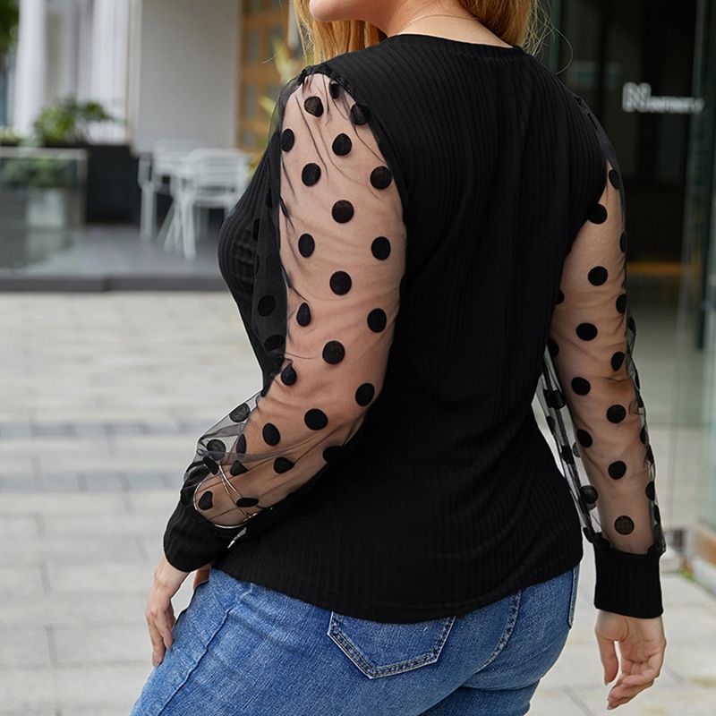 XL-4XL Round Neck Polka Dot Long Sleeve Plus Size Blouse Black 2257