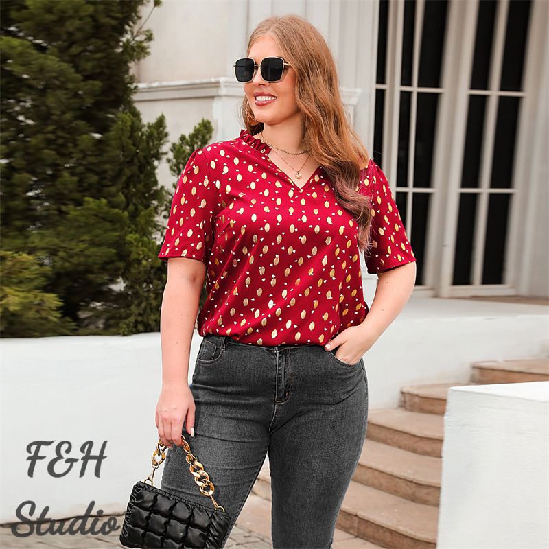 3285 Women V Neck Work Office Plus Size Blouse Red