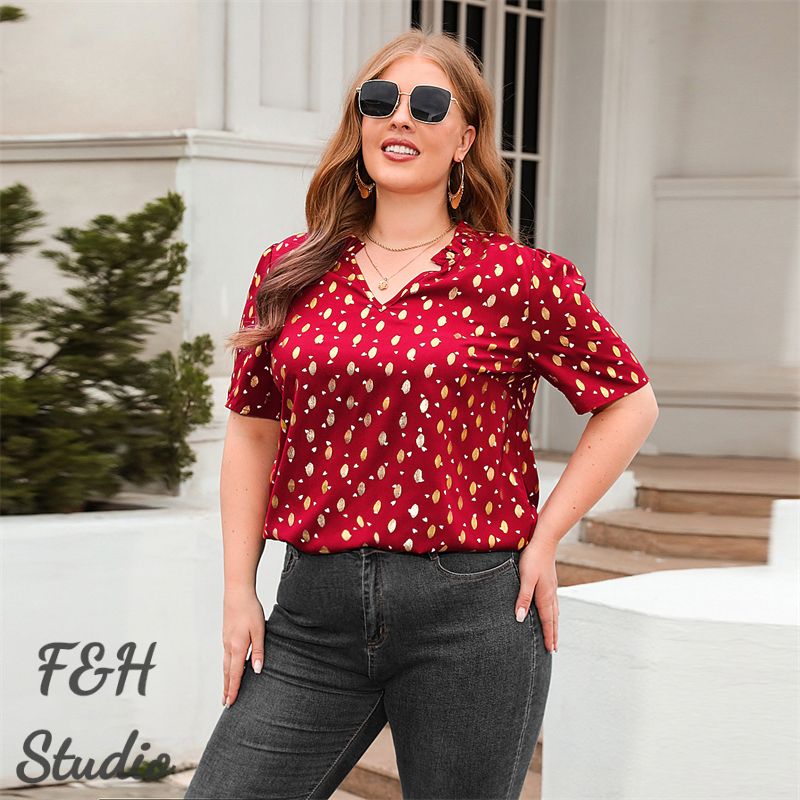 3285 Women V Neck Work Office Plus Size Blouse Red
