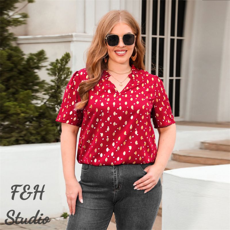 3285 Women V Neck Work Office Plus Size Blouse Red