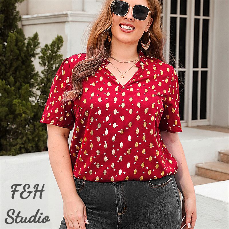 3285 Women V Neck Work Office Plus Size Blouse Red