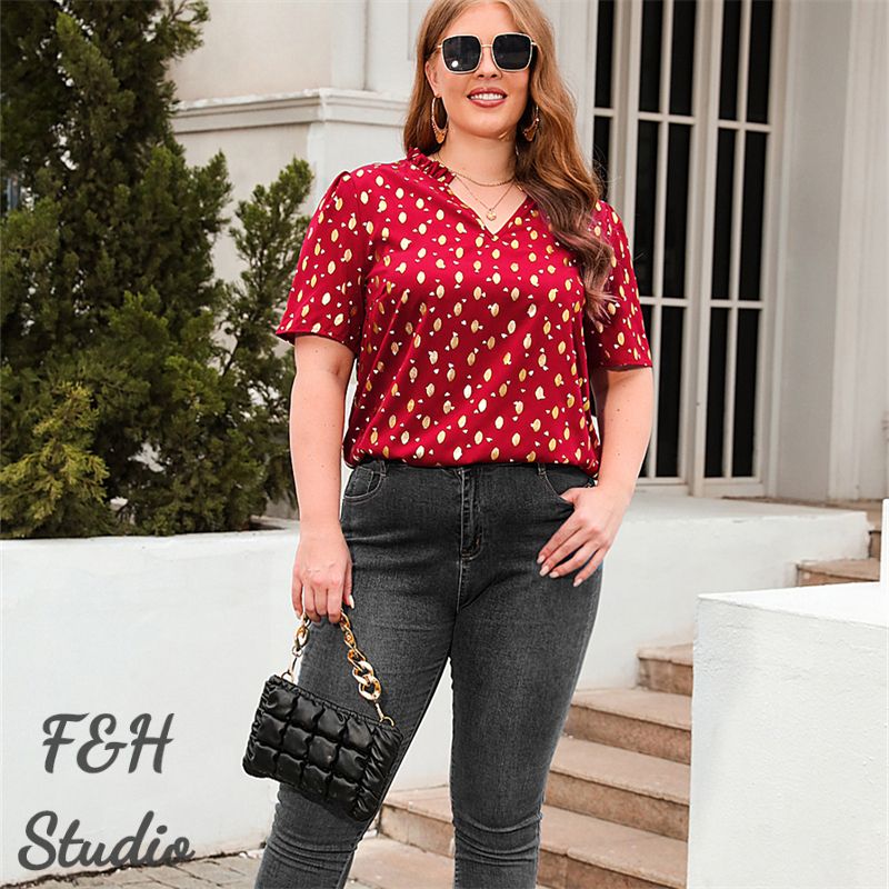 3285 Women V Neck Work Office Plus Size Blouse Red