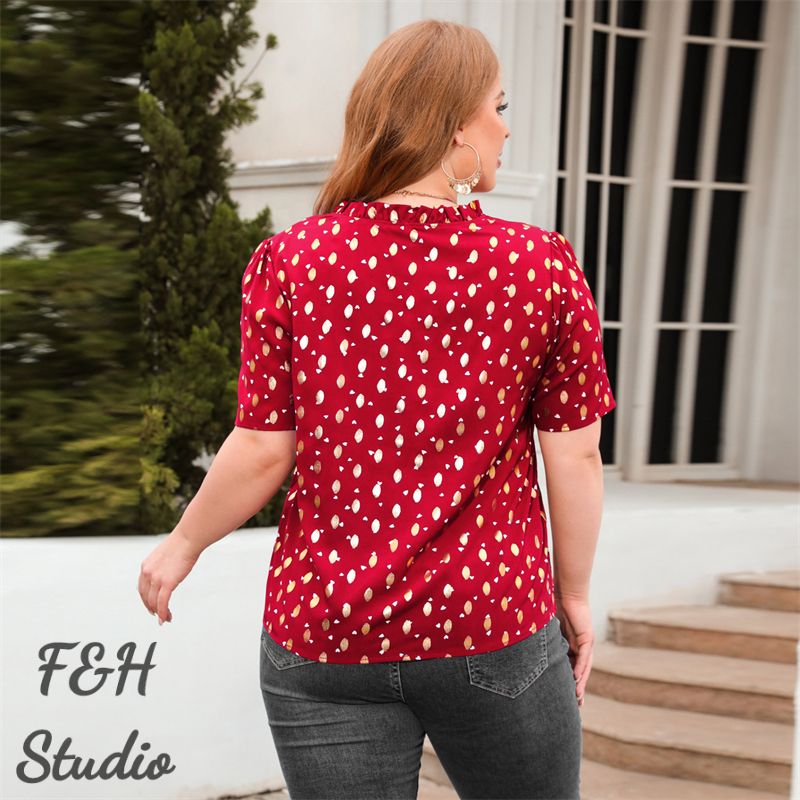 3285 Women V Neck Work Office Plus Size Blouse Red
