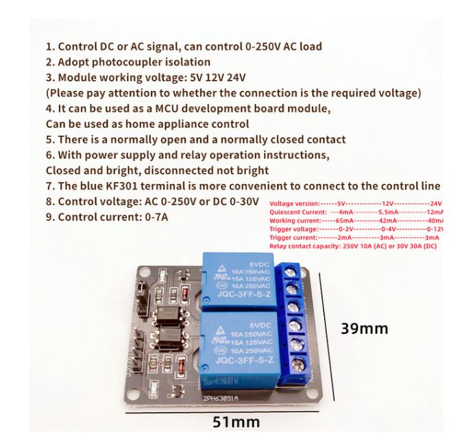 Low Level Trigger Relay Module,24V,2 Channels Optocoupler
