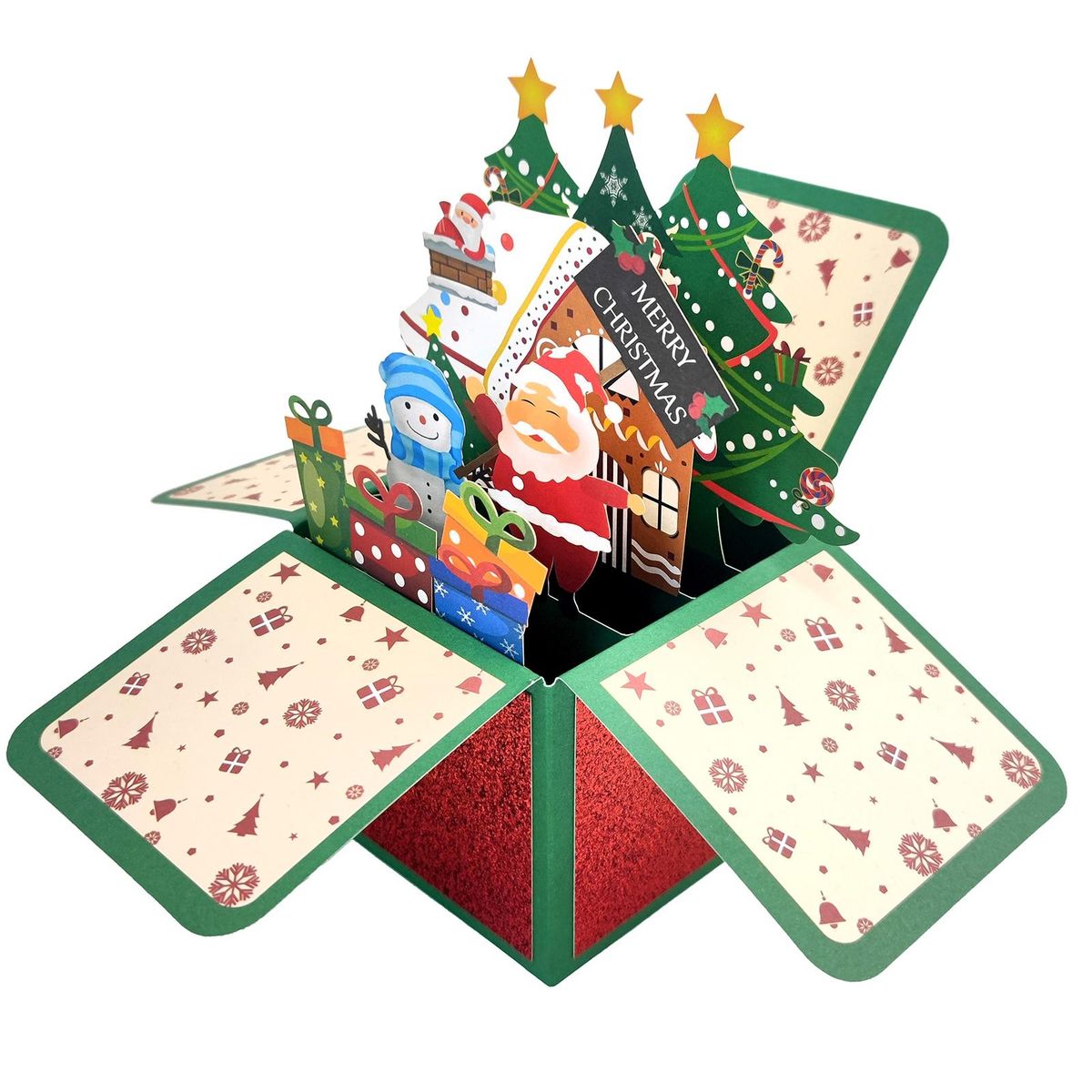 Birthday Gift Card 3d Christmas Greeting Card Santa Claus Snowman Red Green