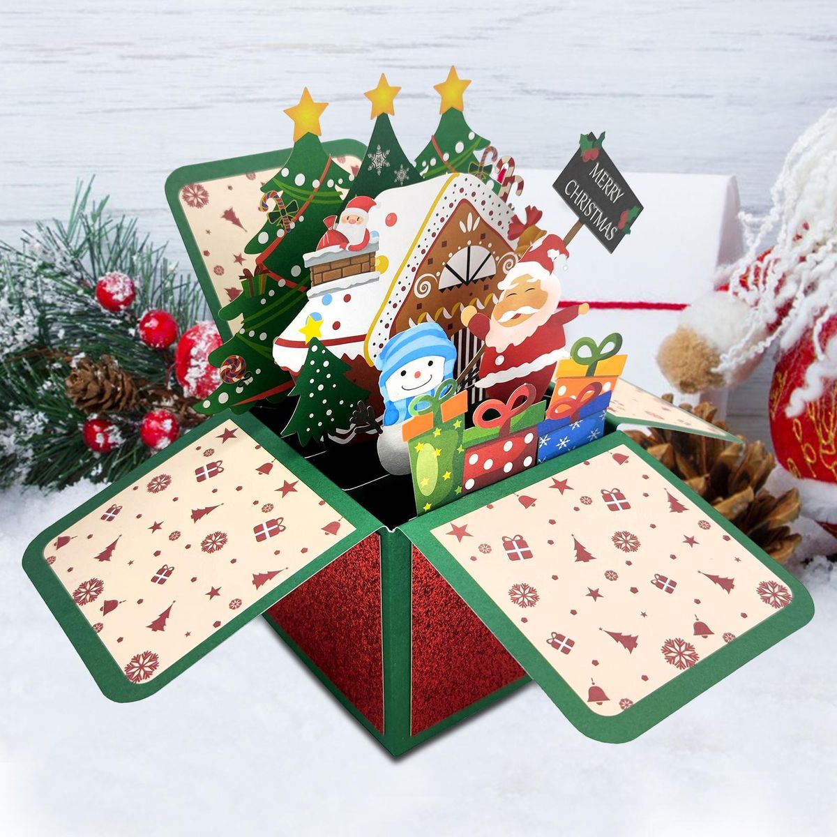 Birthday Gift Card 3d Christmas Greeting Card Santa Claus Snowman Red Green