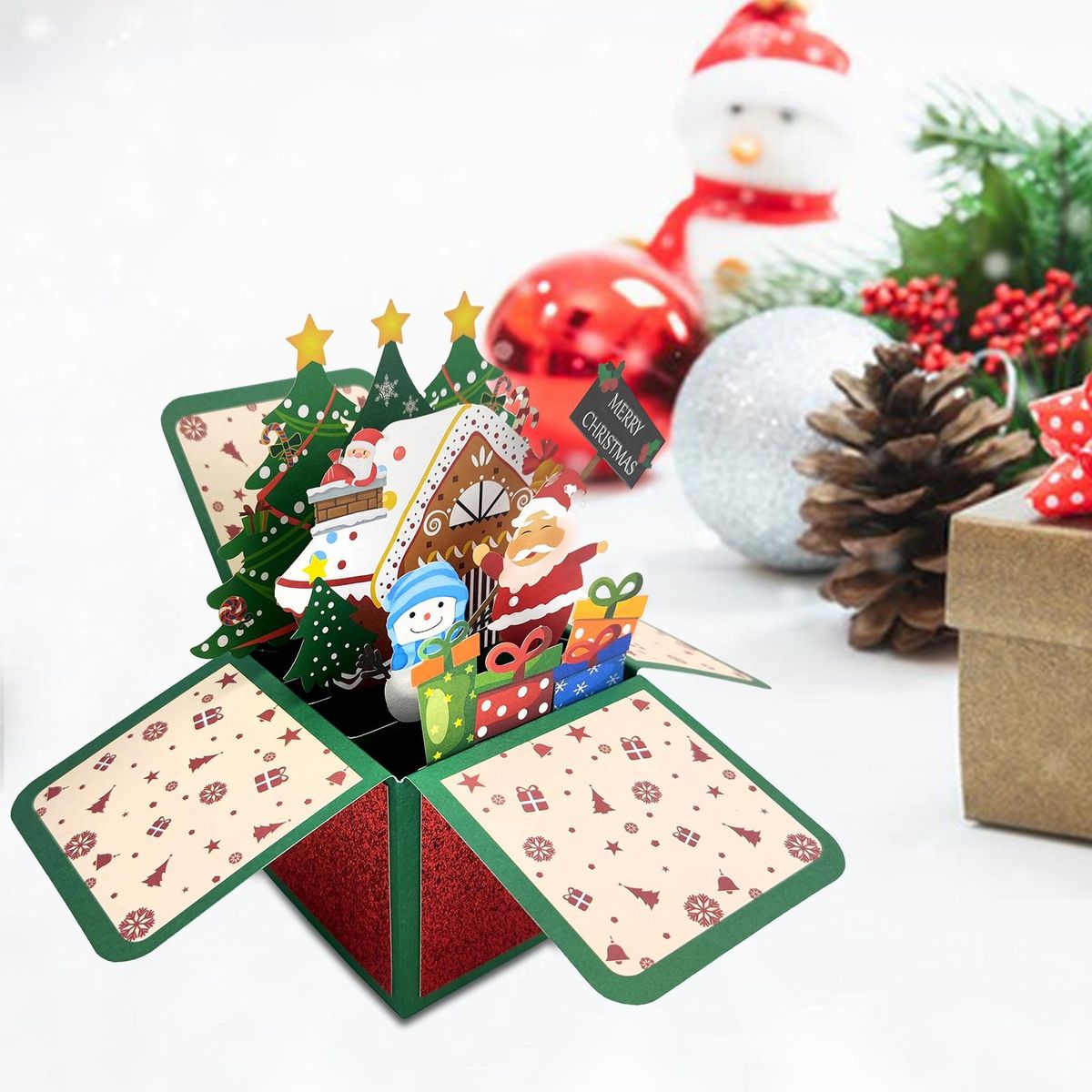 Birthday Gift Card 3d Christmas Greeting Card Santa Claus Snowman Red Green