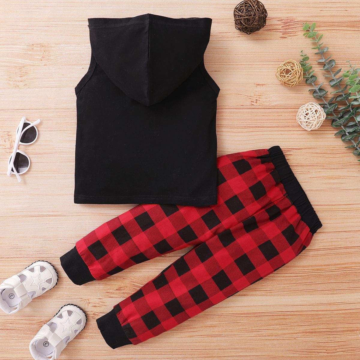 1-6 Years Kid Boy 2PCS Summer Outfit Set Sleeveless Hoodie Plaid Long Pants
