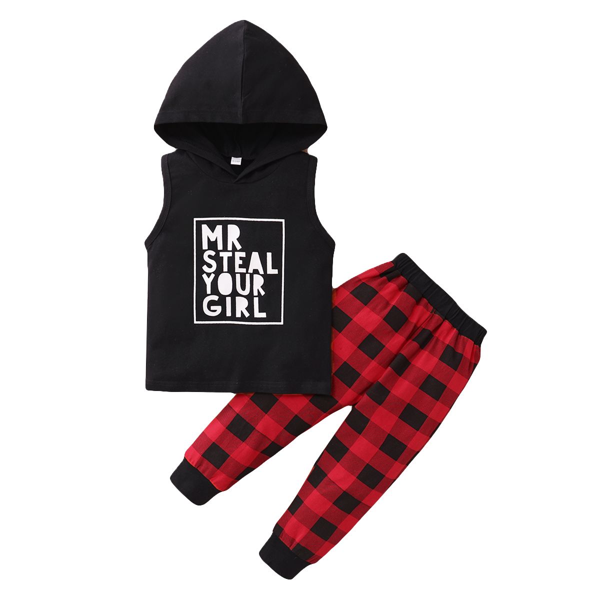 1-6 Years Kid Boy 2PCS Summer Outfit Set Sleeveless Hoodie Plaid Long Pants