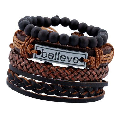 4PCS Leather Mens Multilayer Rope BELIEVE Bracelet
