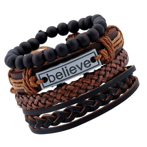 4PCS Leather Mens Multilayer Rope BELIEVE Bracelet