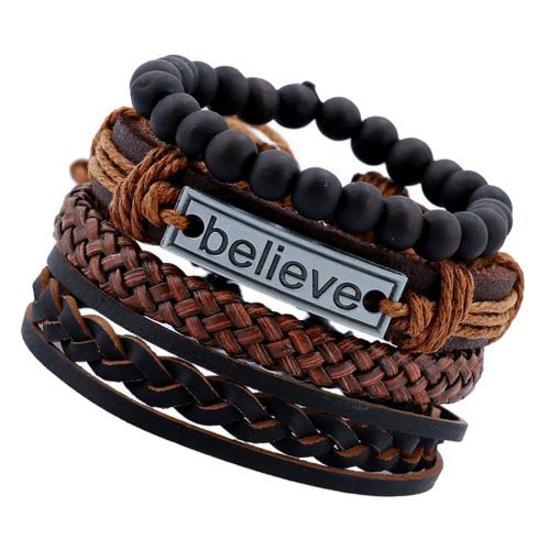 4PCS Leather Mens Multilayer Rope BELIEVE Bracelet